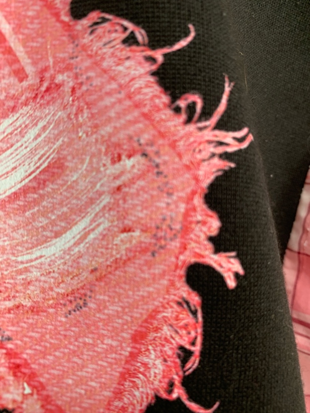 Upcycled Black Hoodie with Pink Distressed Bow Graphic  & Pink Plaid Sleeves - Picture 7 of 9
